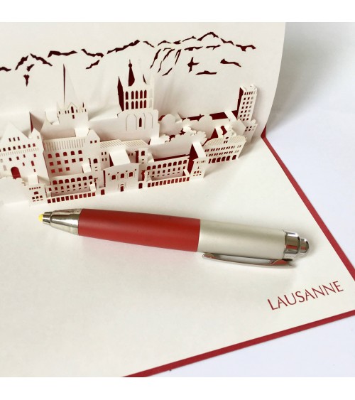 Delta Mini Trend Sketch Pencil, rouge avec carte pop up Lausanne, de Rifletto. L'Ecritoire design, Lausanne.