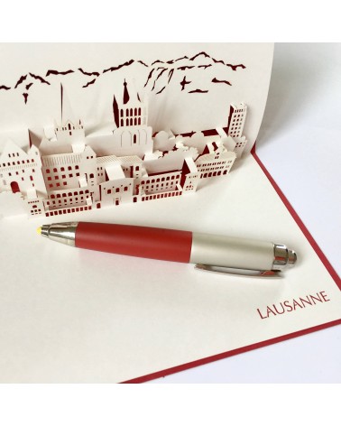 Delta Mini Trend Sketch Pencil, rouge avec carte pop up Lausanne, de Rifletto. L'Ecritoire design, Lausanne.