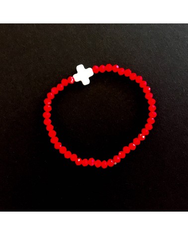 Charmant bracelet croix suisse, verre de bohème taillé et nacre
