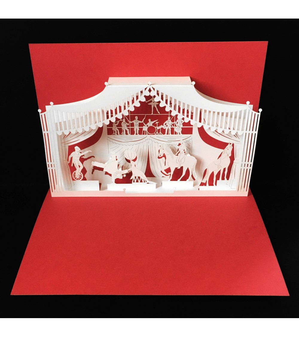 Carte popup Rifletto, Cirque, rouge fabriquée en Allemagne. L'Ecritoire design, Lausanne.