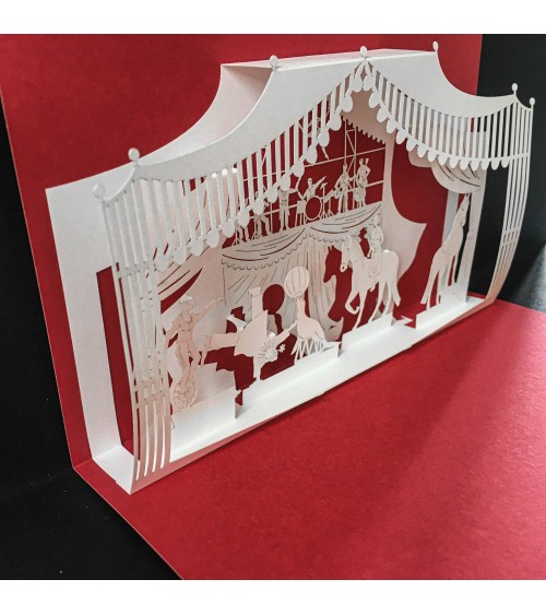 Carte popup Rifletto, Cirque, rouge fabriquée en Allemagne. L'Ecritoire design, Lausanne.