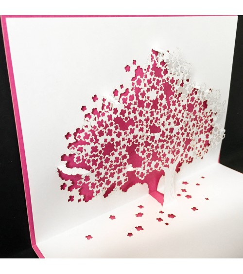 Carte popup Rifletto, Arbre en fleur, rose, fabriquée en Allemagne. L'Ecritoire design, Lausanne.