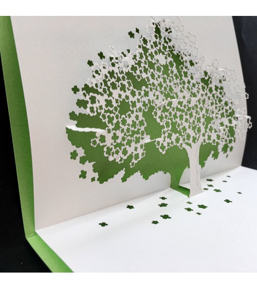 Carte popup Rifletto, Arbre en fleur, vert clair, fabriquée en Allemagne. L'Ecritoire design, Lausanne.