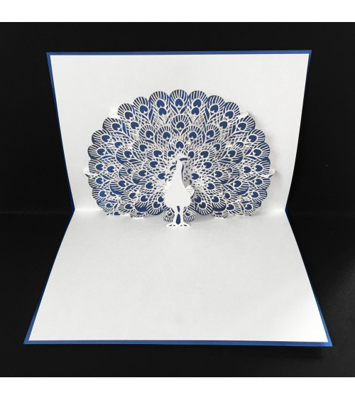 Carte pop up Rifletto, Paon, bleu roi, fabriquée en Allemagne. L'Ecritoire design, Lausanne.