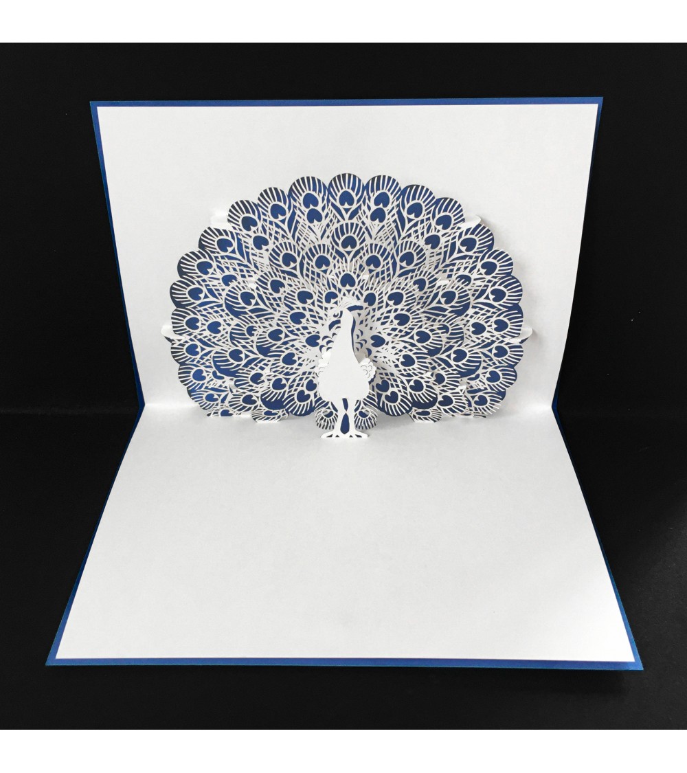 Carte pop up Rifletto, Paon, bleu roi, fabriquée en Allemagne. L'Ecritoire design, Lausanne.