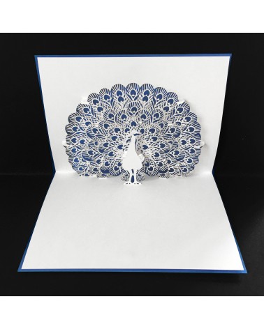 Carte pop up Rifletto, Paon, bleu roi, fabriquée en Allemagne. L'Ecritoire design, Lausanne.