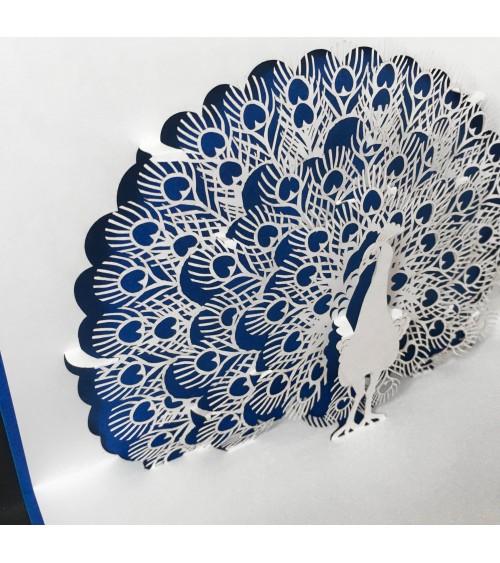 Carte pop up Rifletto, Paon, bleu roi, fabriquée en Allemagne. L'Ecritoire design, Lausanne.