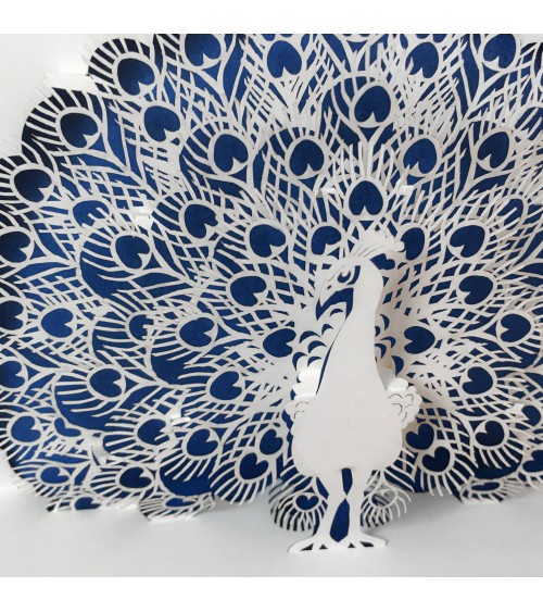 Carte pop up Rifletto, Paon, bleu roi, fabriquée en Allemagne. L'Ecritoire design, Lausanne.