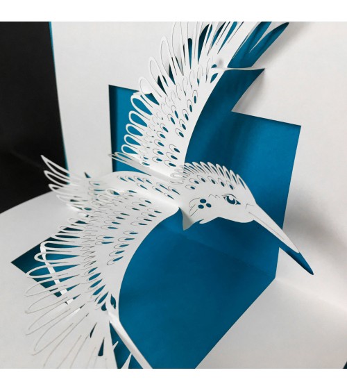 Carte pop up Rifletto, oiseau en vol, bleu clair, fabriquée en Allemagne. L'Ecritoire design, Lausanne.