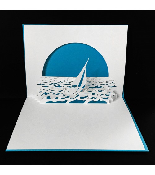 Carte pop up Rifletto, Bateau, bleu clair, fabriquée en Allemagne. L'Ecritoire design, Lausanne