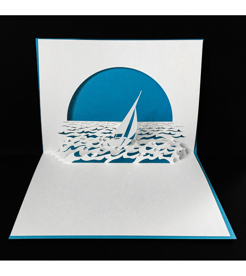 Carte pop up Rifletto, Bateau, bleu clair, fabriquée en Allemagne. L'Ecritoire design, Lausanne