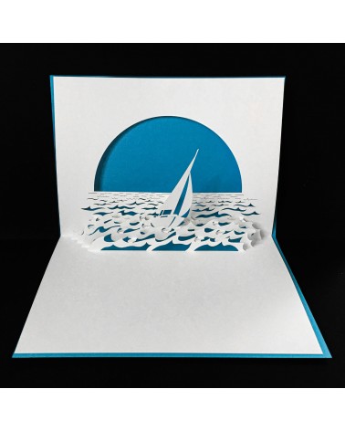 Carte pop up Rifletto, Bateau, bleu clair, fabriquée en Allemagne. L'Ecritoire design, Lausanne
