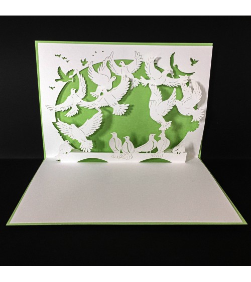 Carte pop-up Rifletto, Vol de colombes, vert clair, fabriquée en Allemagne. L'Ecritoire design, Lausanne.