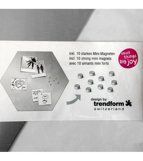 Tableau métallique d’affichage hexagonal pour aimants, acier, de Trendform, 38 x 44 cm. 10 super mini aimants inclus