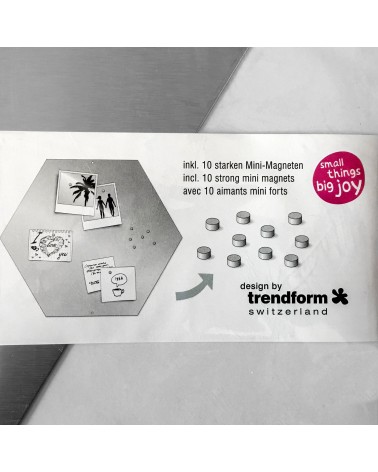 Tableau métallique d’affichage hexagonal pour aimants, acier, de Trendform, 38 x 44 cm. 10 super mini aimants inclus