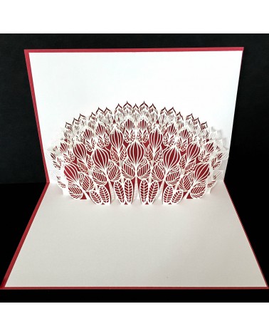 Carte pop-up Rifletto, Flower Power, rouge, fabriquée en Allemagne. L'Ecritoire design, Lausanne.
