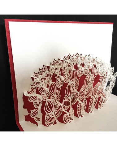 Carte pop-up Rifletto, Flower Power, rouge, fabriquée en Allemagne. L'Ecritoire design, Lausanne.