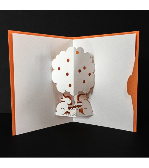 Carte pop-up Rifletto, Mini Lapins, orange, fabriquée en Allemagne. L'Ecritoire design, Lausanne.