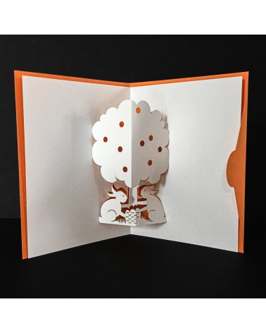 Carte pop-up Rifletto, Mini Lapins, orange, fabriquée en Allemagne. L'Ecritoire design, Lausanne.