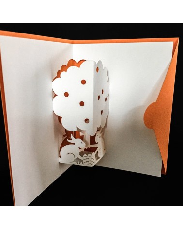 Carte pop-up Rifletto, Mini Lapins, orange, fabriquée en Allemagne. L'Ecritoire design, Lausanne.