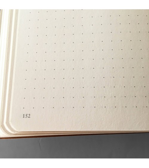 Carnet Leuchtturm couverture cuir cognac rigide, 14,5 x 21 cm, 249 pages pointillées.