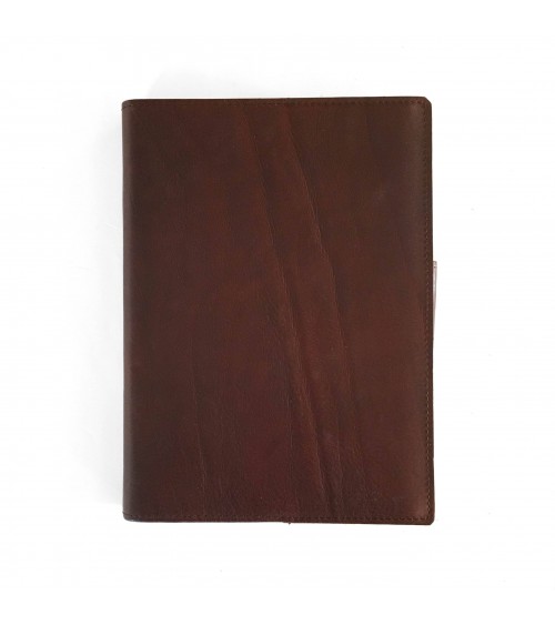 Carnet PA rechargeable cuir marron avec boucle pour stylo, 288 pages blanches 14,8 x 21 cm.