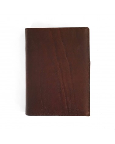 Carnet PA rechargeable cuir marron avec boucle pour stylo, 288 pages blanches 14,8 x 21 cm.