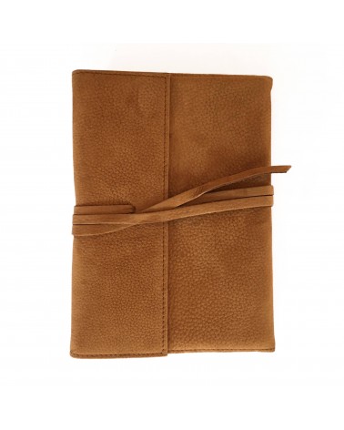 Carnet PA rechargeable cuir Nubuck cognac, lacet cuir de fermeture, 288 pages blanches format A6