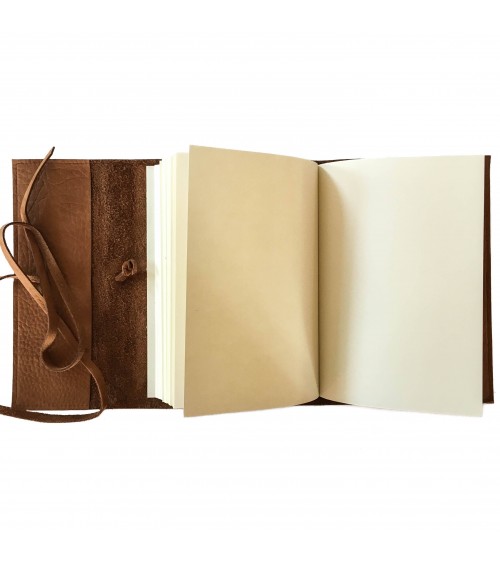 Carnet PA rechargeable cuir Nubuck cognac, lacet cuir de fermeture, 288 pages blanches format A6