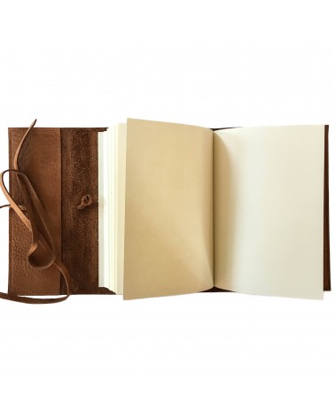 Carnet PA rechargeable cuir Nubuck cognac, lacet cuir de fermeture, 288 pages blanches format A6
