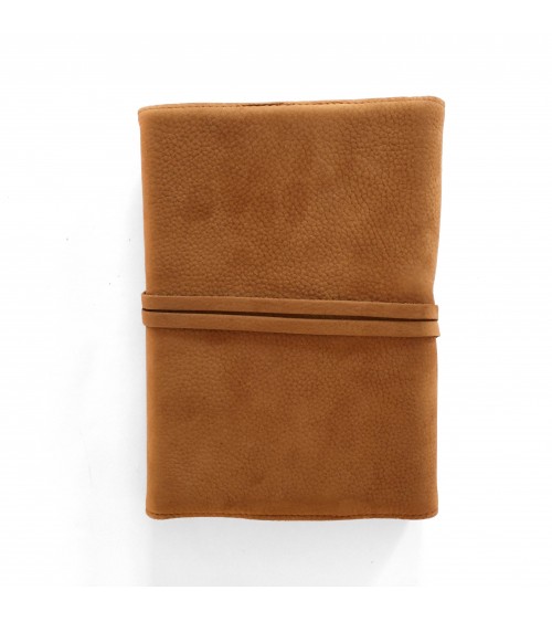 Carnet PA rechargeable cuir Nubuck cognac, lacet cuir de fermeture, 288 pages blanches format A6