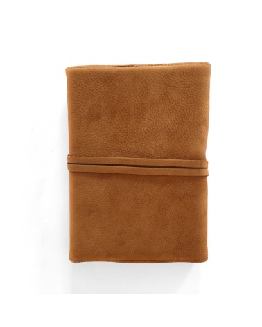 Carnet PA rechargeable cuir Nubuck cognac, lacet cuir de fermeture, 288 pages blanches format A6