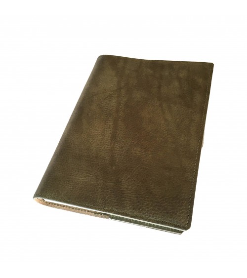 Carnet PA rechargeable cuir vert olive avec boucle pour stylo, 288 pages blanches 14,8 x 21 cm.