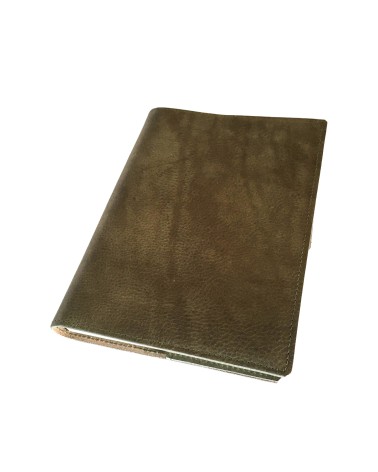 Carnet PA rechargeable cuir vert olive avec boucle pour stylo, 288 pages blanches 14,8 x 21 cm.