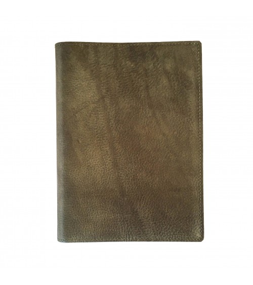 Carnet PA rechargeable cuir vert olive avec boucle pour stylo, 288 pages blanches 14,8 x 21 cm.