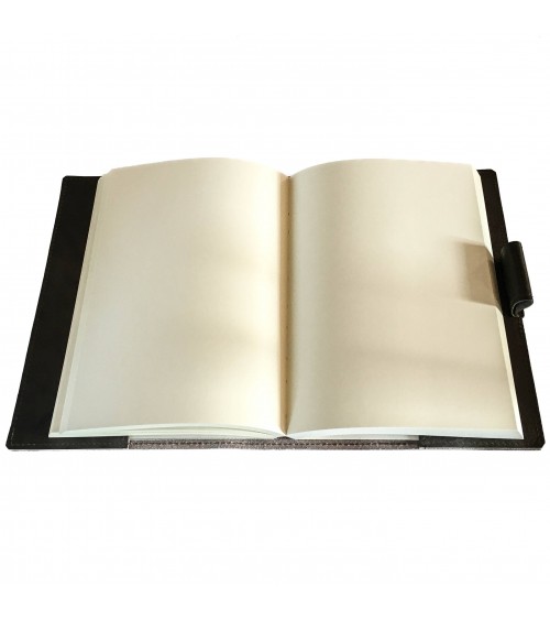 Carnet PA rechargeable cuir vert olive avec boucle pour stylo, 288 pages blanches 14,8 x 21 cm.