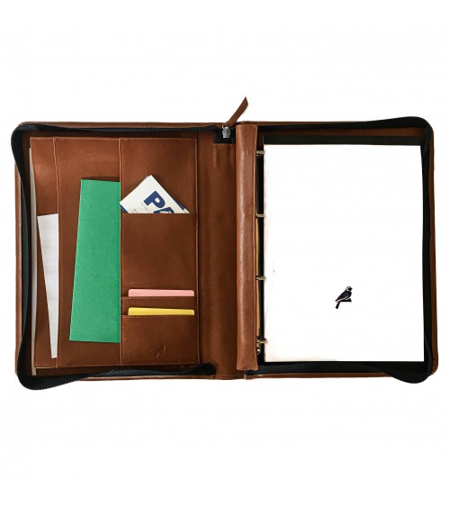 Porte-documents PA Impuls, format A4, zippé en cuir de veau couleur cognac, anneaux et bloc-notes