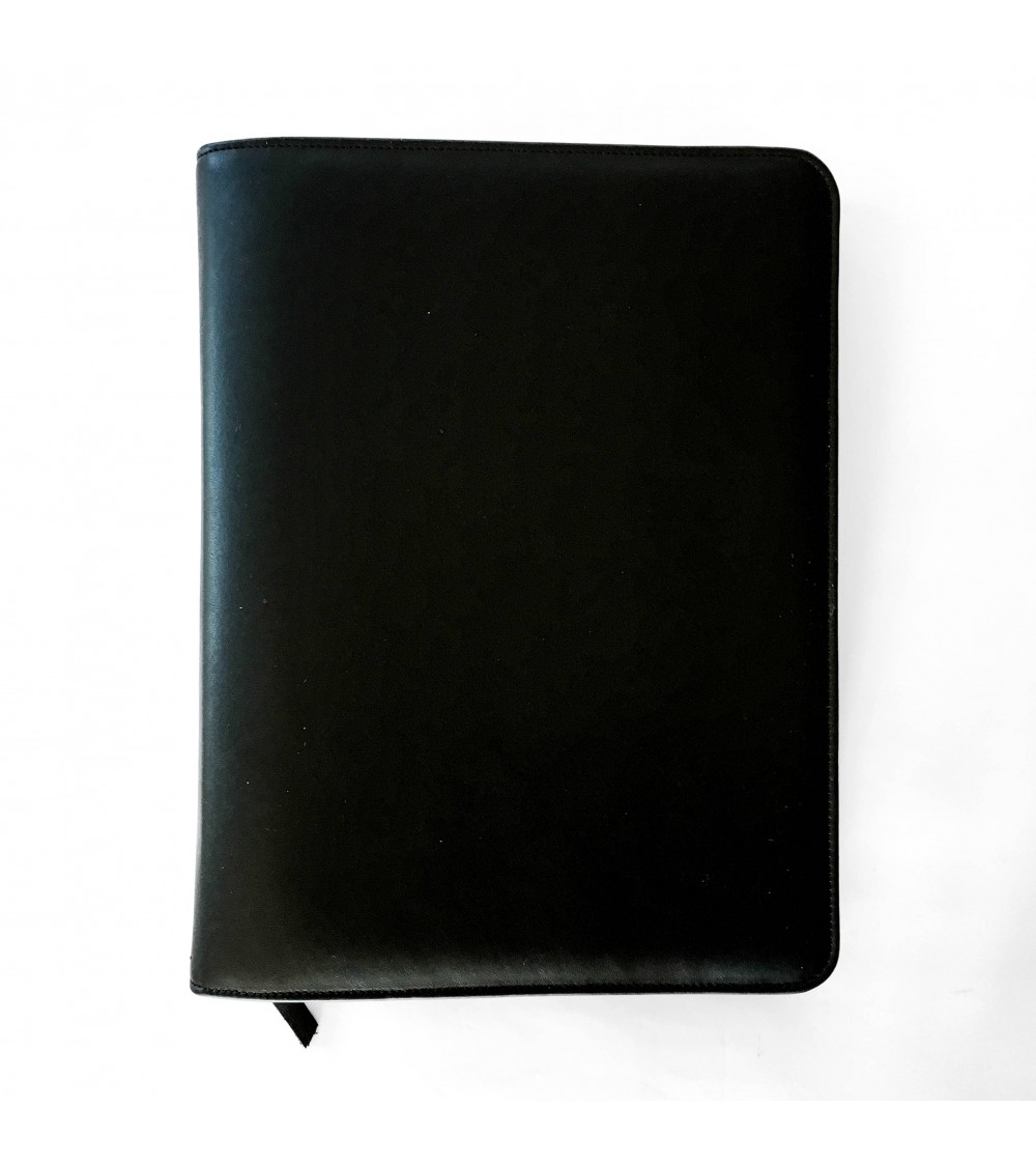 Porte-documents PA Impuls, format A4, zippé en cuir de veau couleur noir, anneaux et bloc-notes