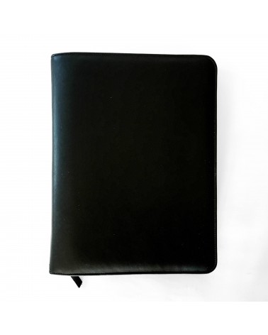 Porte-documents PA Impuls, format A4, zippé en cuir de veau couleur noir, anneaux et bloc-notes