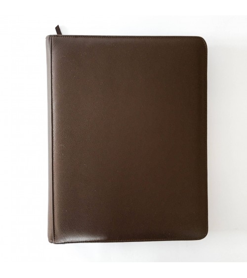 Porte-documents PA Impulse, format A4, zippé en cuir de veau couleur marron, anneaux et bloc-notes