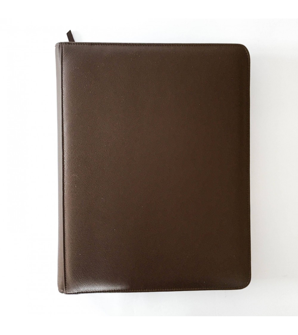 Porte-documents PA Impulse, format A4, zippé en cuir de veau couleur marron, anneaux et bloc-notes
