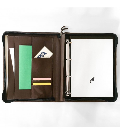 Porte-documents PA Impulse, format A4, zippé en cuir de veau couleur marron, anneaux et bloc-notes