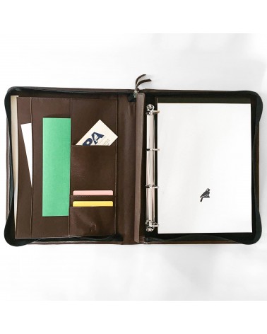 Porte-documents PA Impulse, format A4, zippé en cuir de veau couleur marron, anneaux et bloc-notes
