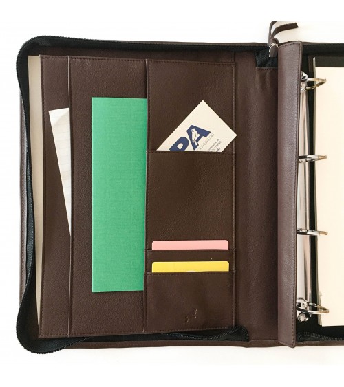 Porte-documents PA Impulse, format A4, zippé en cuir de veau couleur marron, anneaux et bloc-notes