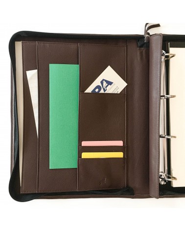 Porte-documents PA Impulse, format A4, zippé en cuir de veau couleur marron, anneaux et bloc-notes