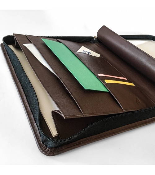 Porte-documents PA Impulse, format A4, zippé en cuir de veau couleur marron, anneaux et bloc-notes