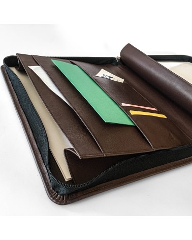 Porte-documents PA Impulse, format A4, zippé en cuir de veau couleur marron, anneaux et bloc-notes