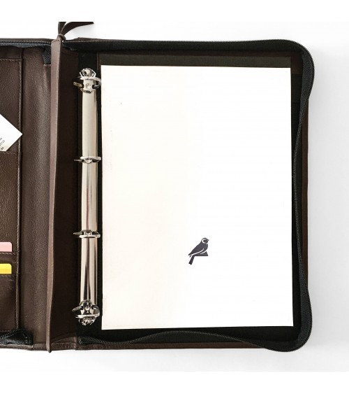 Porte-documents PA Impuls, format A4, zippé en cuir de veau couleur marron, anneaux et bloc-notes