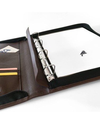 Porte-documents PA Impuls, format A4, zippé en cuir de veau couleur marron, anneaux et bloc-notes