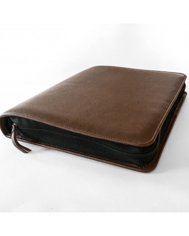 Porte-documents PA Impulse, format A4, zippé en cuir de veau couleur marron, anneaux et bloc-notes